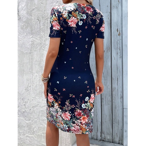 Floral Pattern Navy Blue Slim Dress Knee Length - Picture 2 of 7
